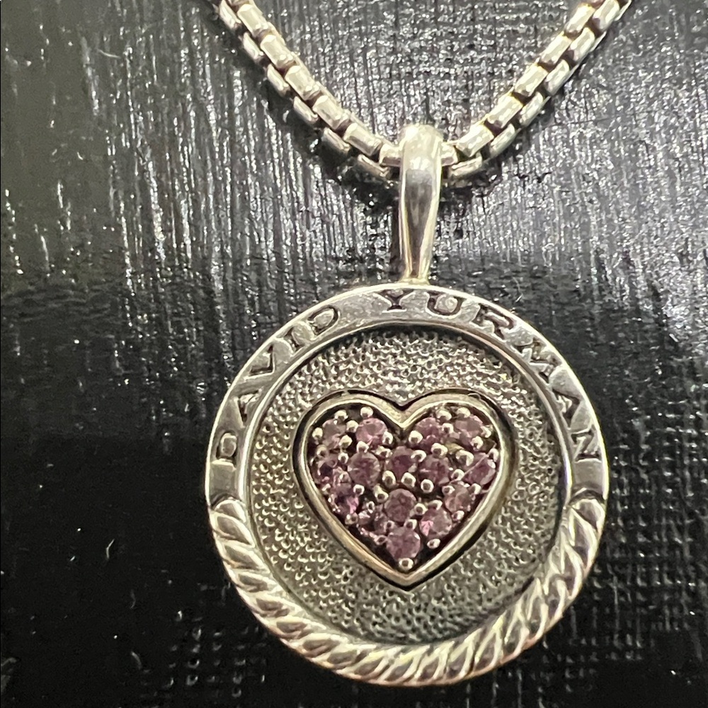 David Yurman Sterling Silver Pink Sapphire Heart Charm Necklace